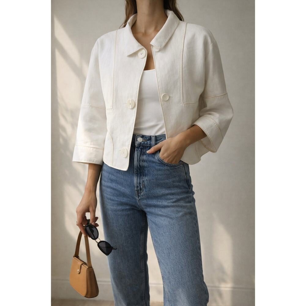 Per Se Cropped Linen Blend Jacket Women White Minimalist Boxy Button Blazer sz 4